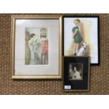 Three period printed and framed portraits of young ladies, including an early Victorian lady with