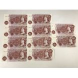 A consecutive run of six 1960s Hollom Bank of England 10 Shilling bank notes, together with four