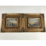 A pair of hand painted Venetian miniatures presented in gilt metal frames, second quarter 20th