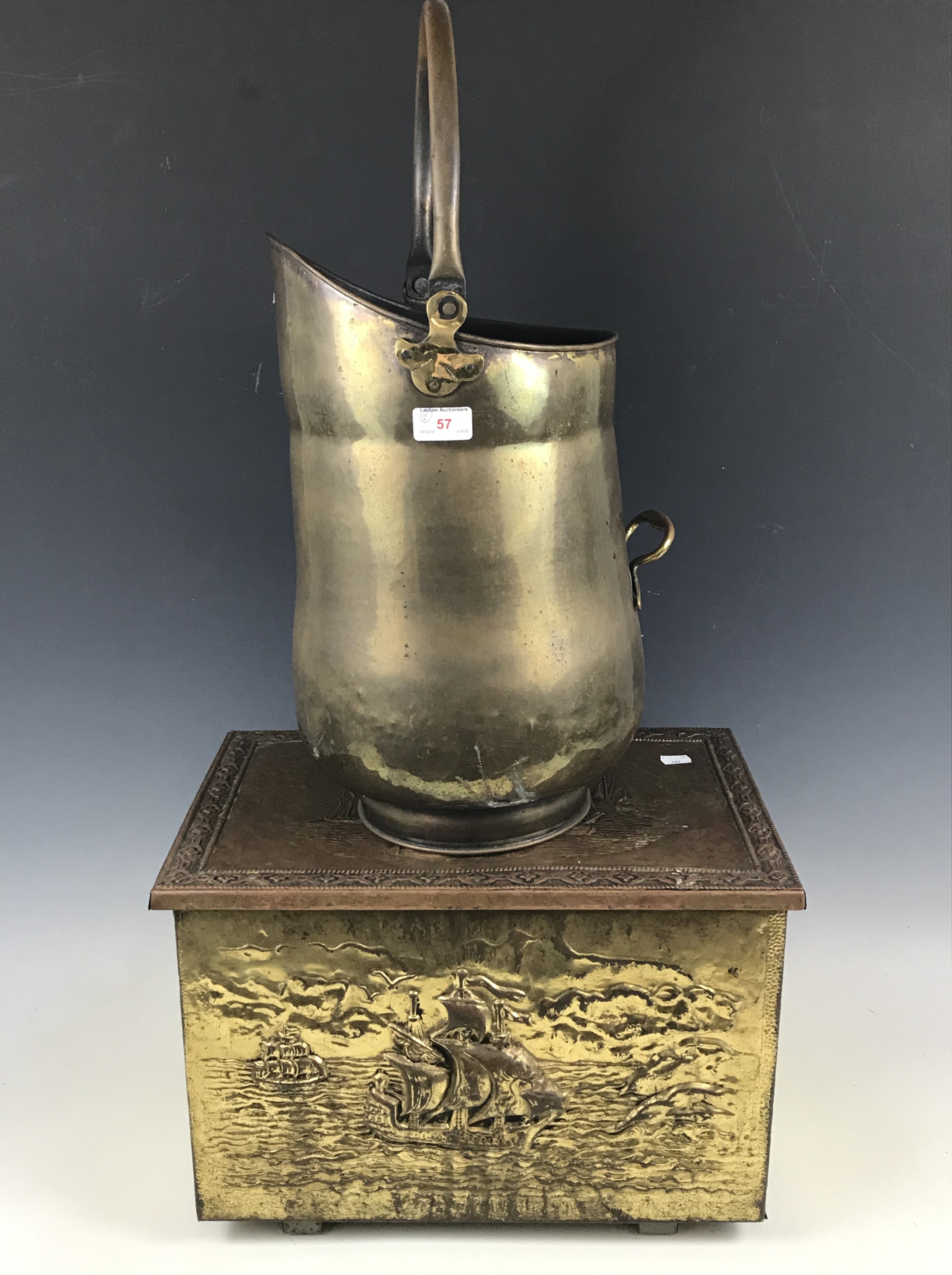 A brass coal scuttle together with a brass coal box