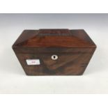 A George IV sarcophagus form mahogany two compartment tea caddy