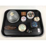 A musical pewter box together with other trinket and pill boxes including cloisonné and Limoges