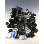A large quantity of cameras lenses and accessories including a Minolta DB-7, a Sony Video 8