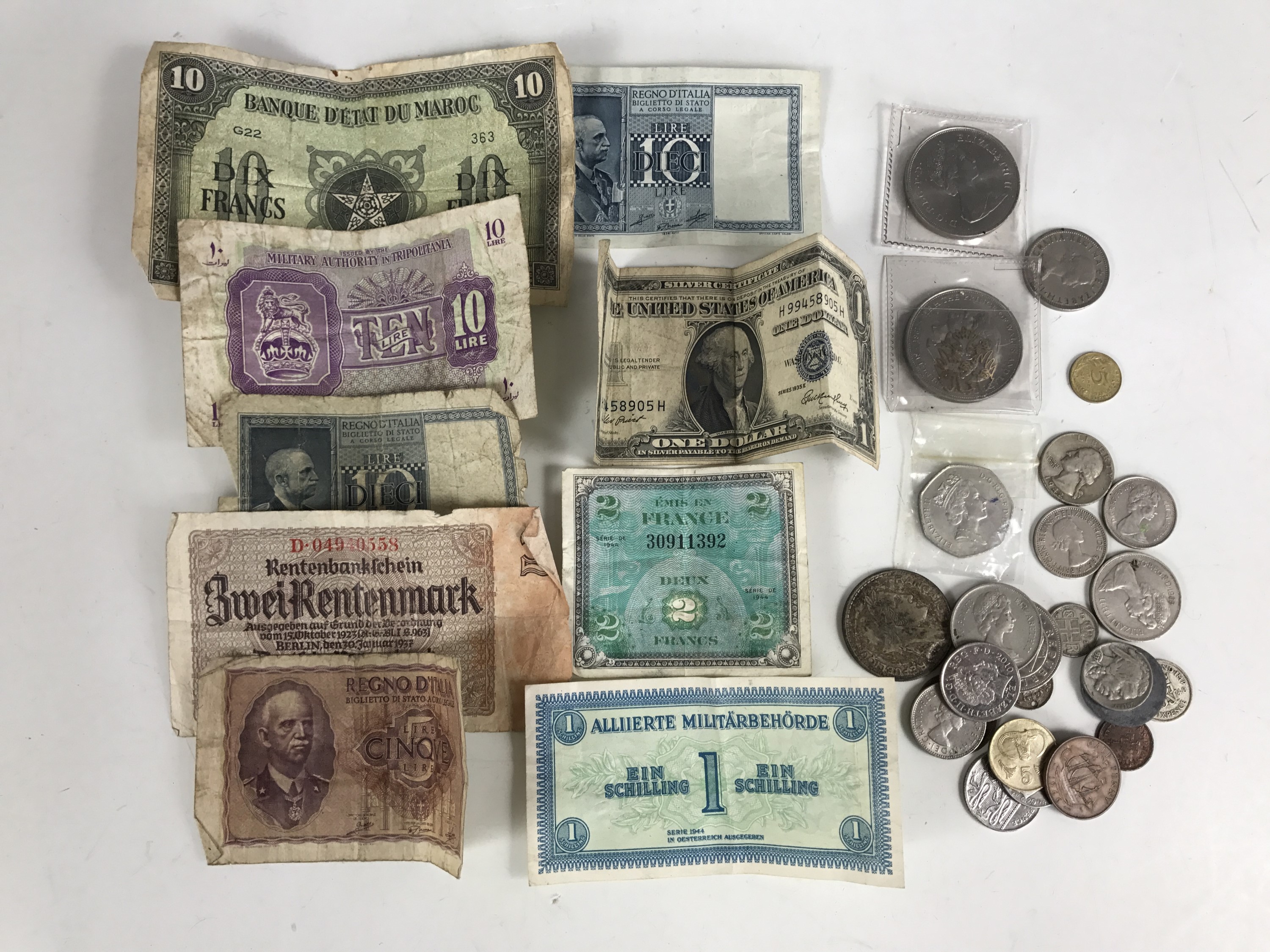 Sundry coins and banknotes including Second World War military issues