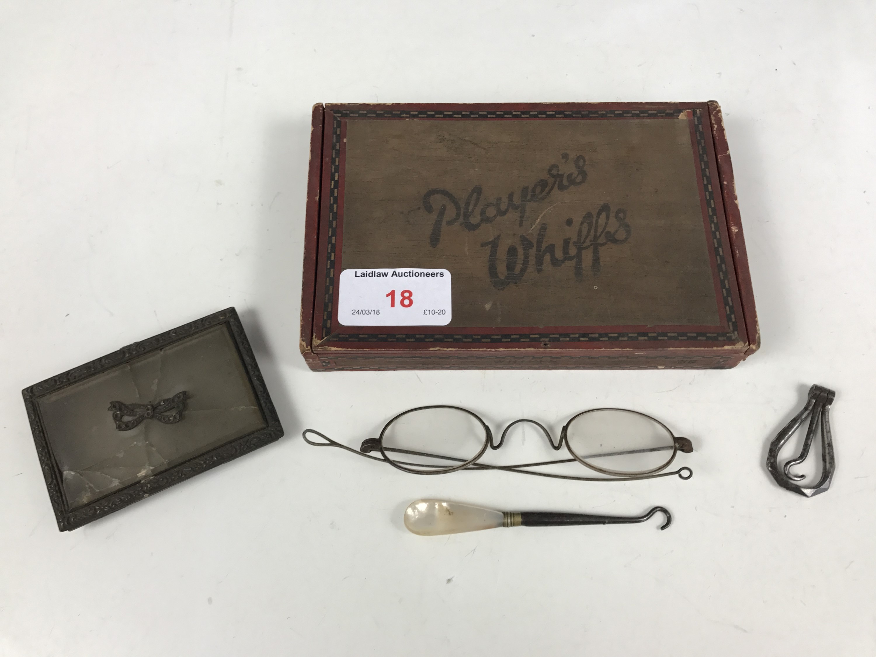 Sundry collectors' items, including 19th Century spectacles and a faceted steel glove hook etc