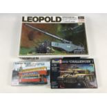 A Hasegawa scale model of a Leopold gun together with a Revell challenger '1' and a Tower Trams