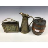 A Joseph Sankey Art Nouveau brass jug together with a letter rack and a coopered oak biscuit barrel