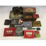 A quantity of vintage tins and packaging including an early 20th Century Huntley and Palmers