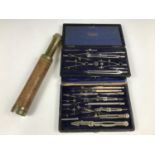 Cased set of Jaywess drawing instruments together with one other set and a telescope (a/f)