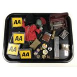 Sundry collectors' items including four AA badges, enamelled badges, lighters, razors and a