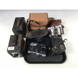 Vintage cameras including a Conway Colour-Filter model, a Soviet Zorki-4, a Kodak Retinette, A