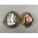 Two Victorian rolled-gold brooches, including one carved-shell cameo swivel locket brooch,