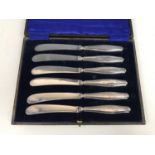 A cased set of six George V silver butter knives, having stepped bulbous handles, Yates Brothers,