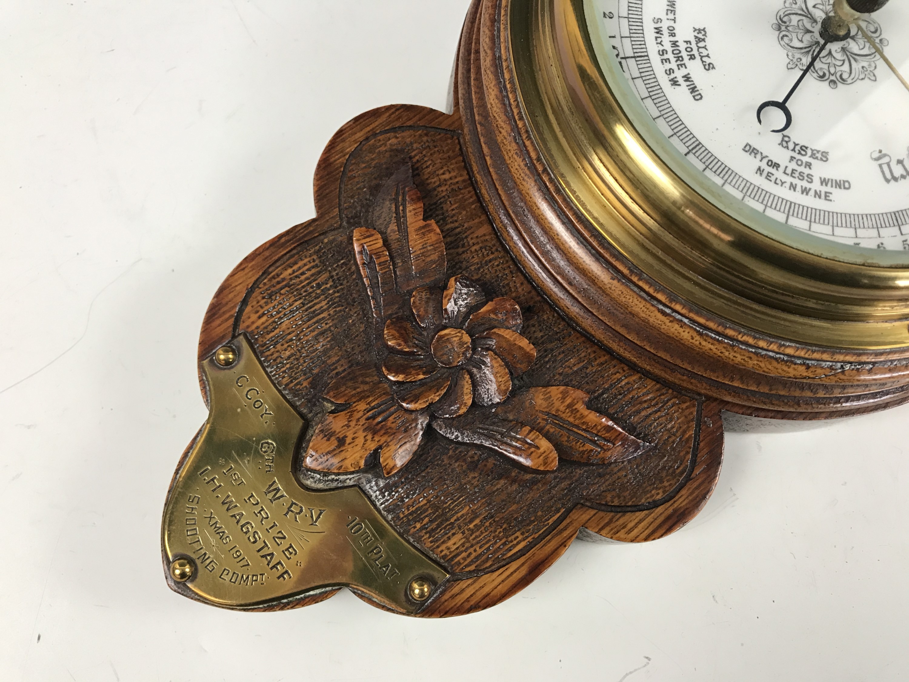 An early 20th Century carved oak banjo barometer bearing a brass plaque with engraved presentation - Image 2 of 2