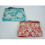 Two early 20th Century Zoroastrian Parsi embroidered clutch bags, of scarlet and turquoise satin,