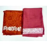 Two late 19th / early 20th Century Chinese embroidered crimson and fuchsia fabric lengths each