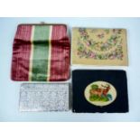 Four 20th Century needlepoint clutches, one having petit-point embroidery in depiction of a stag and