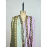Three mid 20th Century Zoroastrian Parsi saris with floral kor / borders, one in lavender,