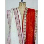 A late 19th / early 20th Century Zoroastrian Parsi sari of scarlet figured silk, having a satin