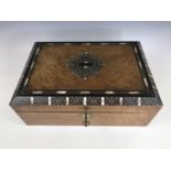 A Victorian burr maple veneered portable writing box, the ebony, mother-of-pearl and German-silver