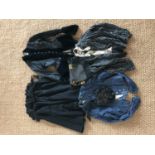 Items of Victorian costume, including a cuirass bodice of slate grey satin and dark petrol blue