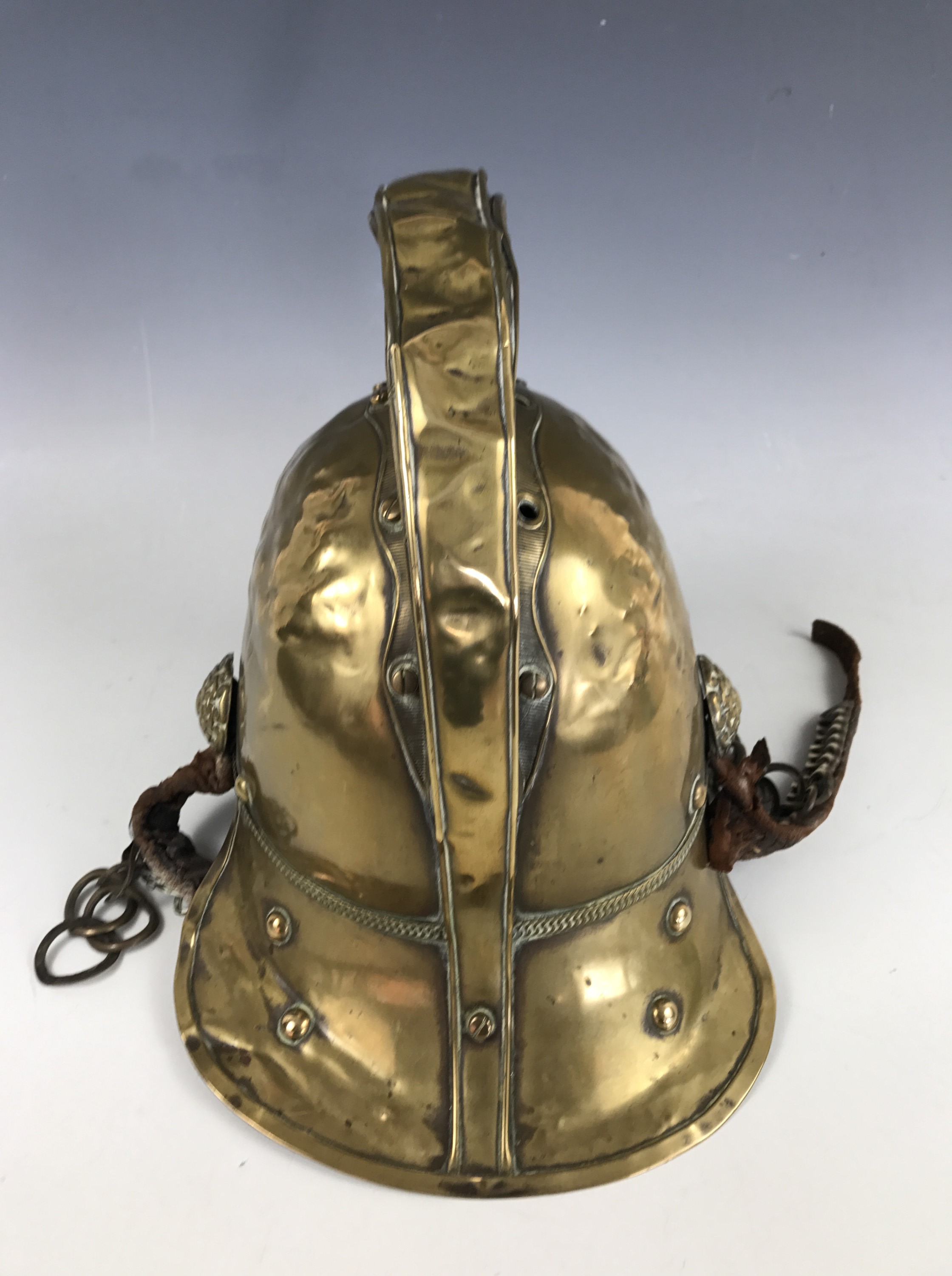 A late 19th / early 20th Century Merryweather pattern fireman other ranks' brass helmet, - Image 3 of 5