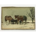 Tom Scott RSA RSW (1854-1927) Miniature watercolour study of shire horses in the snow,