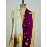 A 20th Century Zoroastrian Parsi sari of purple silk georgette having a repeating zardosi boteh