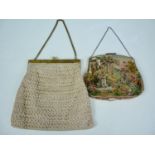 Two early 20th Century needlepoint handbags, one having petit-point embroidery after a painting by