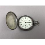 An Edwardian silver-cased Waltham hunter pocket watch, having crown-wound movement, white