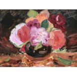 Stephanie Dingle (b.1926) Late Summer Roses, painterly depiction of red and pink blooms in a pottery