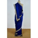 A late 19th Century Zoroastrian Parsi sari and badan of indigo blue silk, the sari having a satin