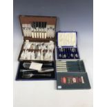 Cutlery including a cased serving set, cased table knives and cased teaspoons with sugar nips