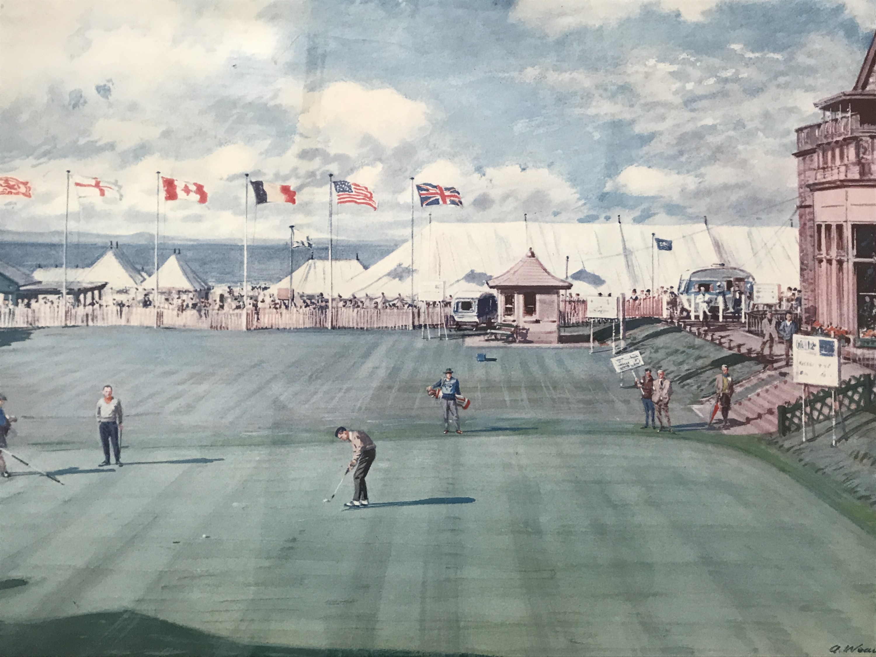 A large signed golf print by Arthur Weaver, "The 18th Green Royal and Ancient Alean tournament