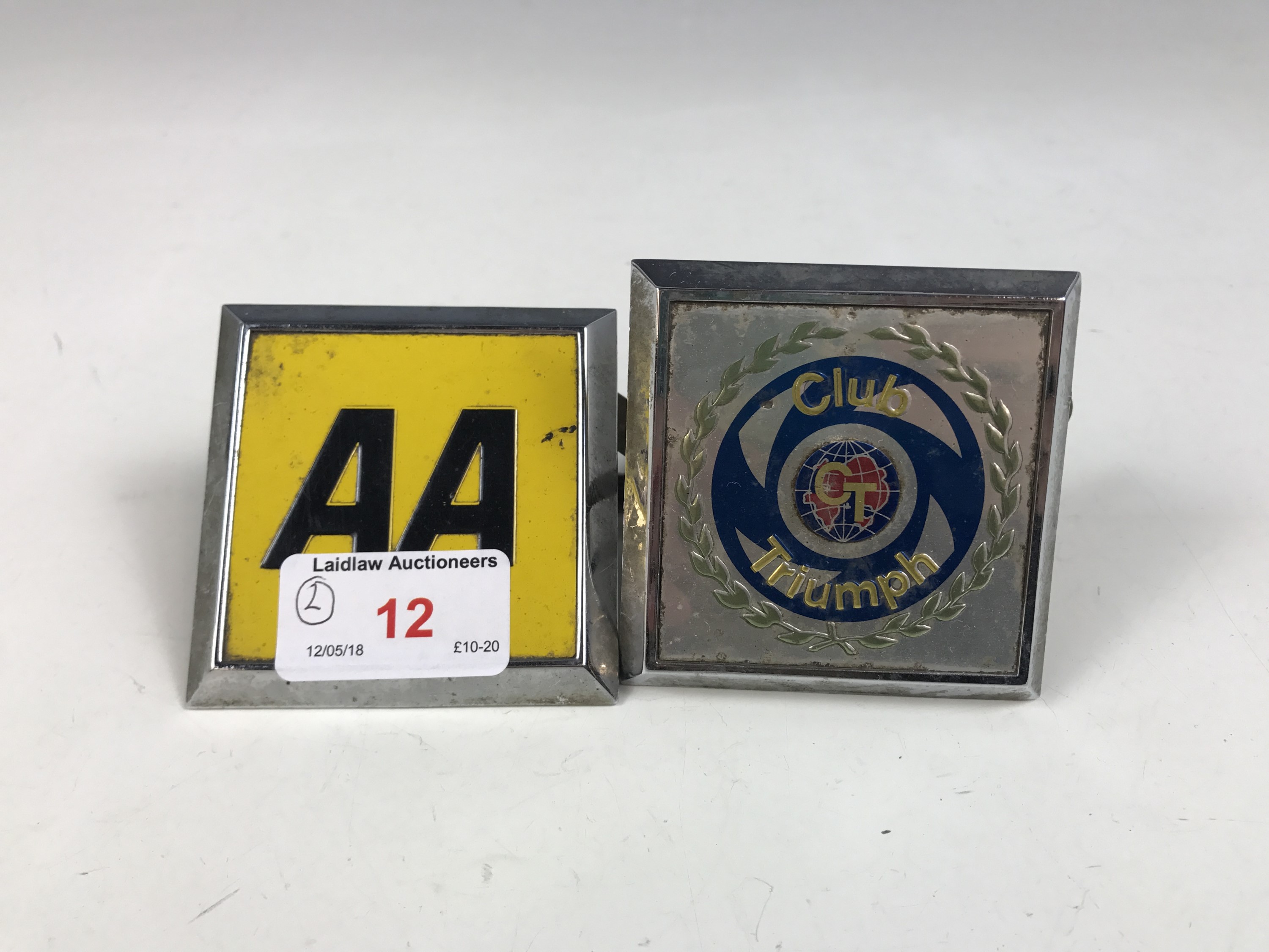 Triumph Club and AA car bumper badges