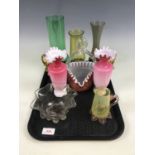 Eight items of coloured glassware including a studio glass basket (a/f) etc