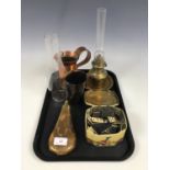 Sundry collectors' items including a brass powder flask, a brass oil lamp, a horn beaker and bone