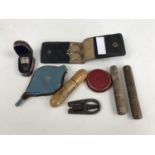 19th Century sewing instruments including a Mauchline Ware needle case bearing a view of Dunblane