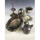 Sundry items of electroplate including a table centrepiece, a basket and a large goblet etc.