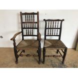 An early 19th century rush seated yoke back armchair together with conforming standard chair