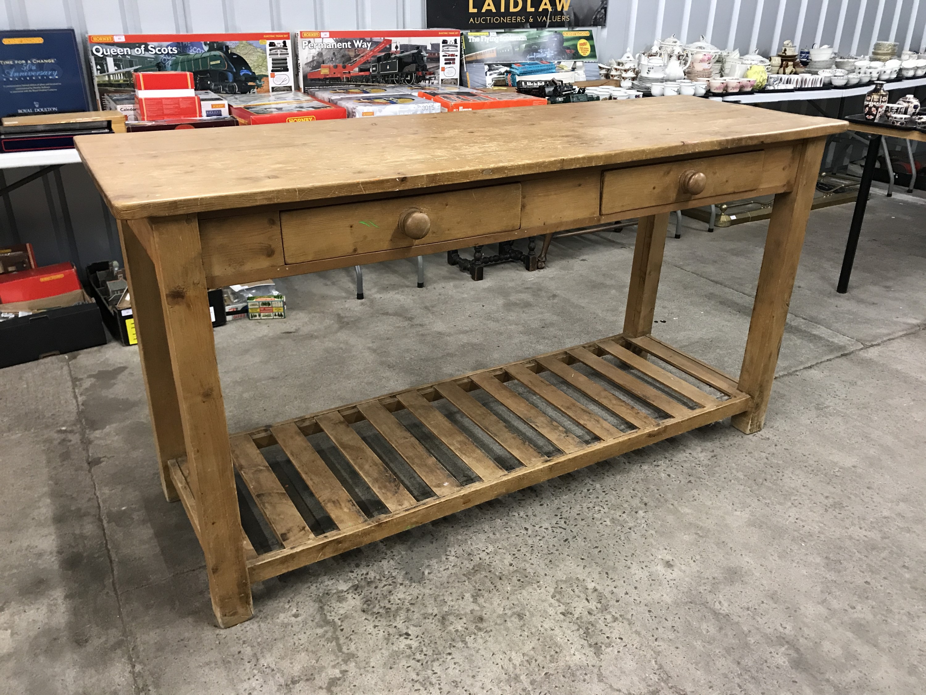 A Victorian style pine kitchen or scullery table, 176 x 60 x 97 cm