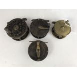 Four small brass centre pin fishing reels