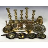 A quantity of brass ware including candlesticks and horse brasses etc.