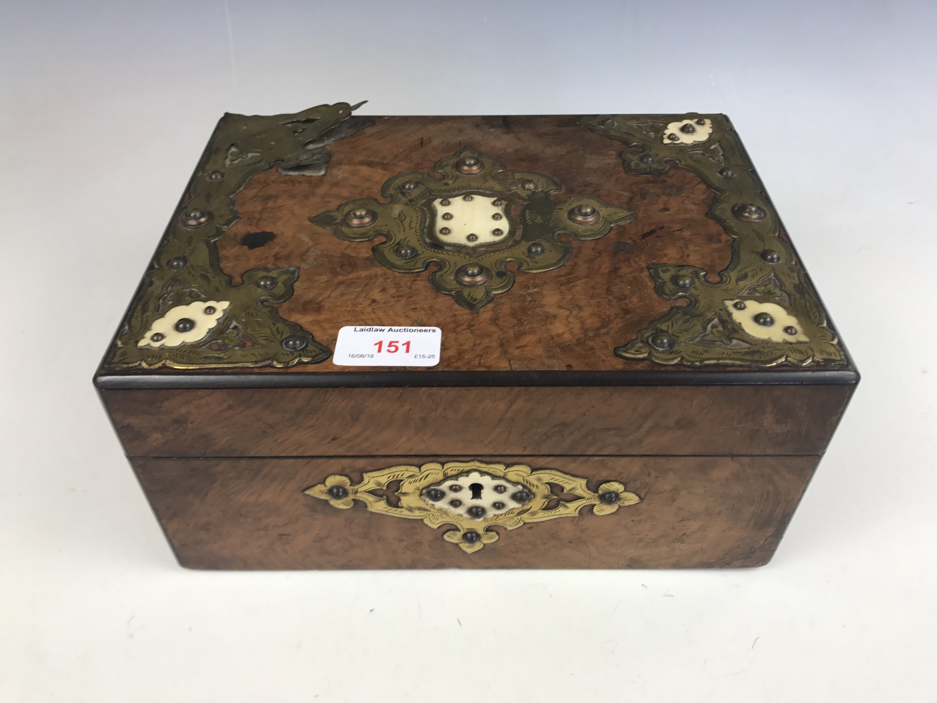 A walnut brass and ivory inlaid sewing / work box (a/f)