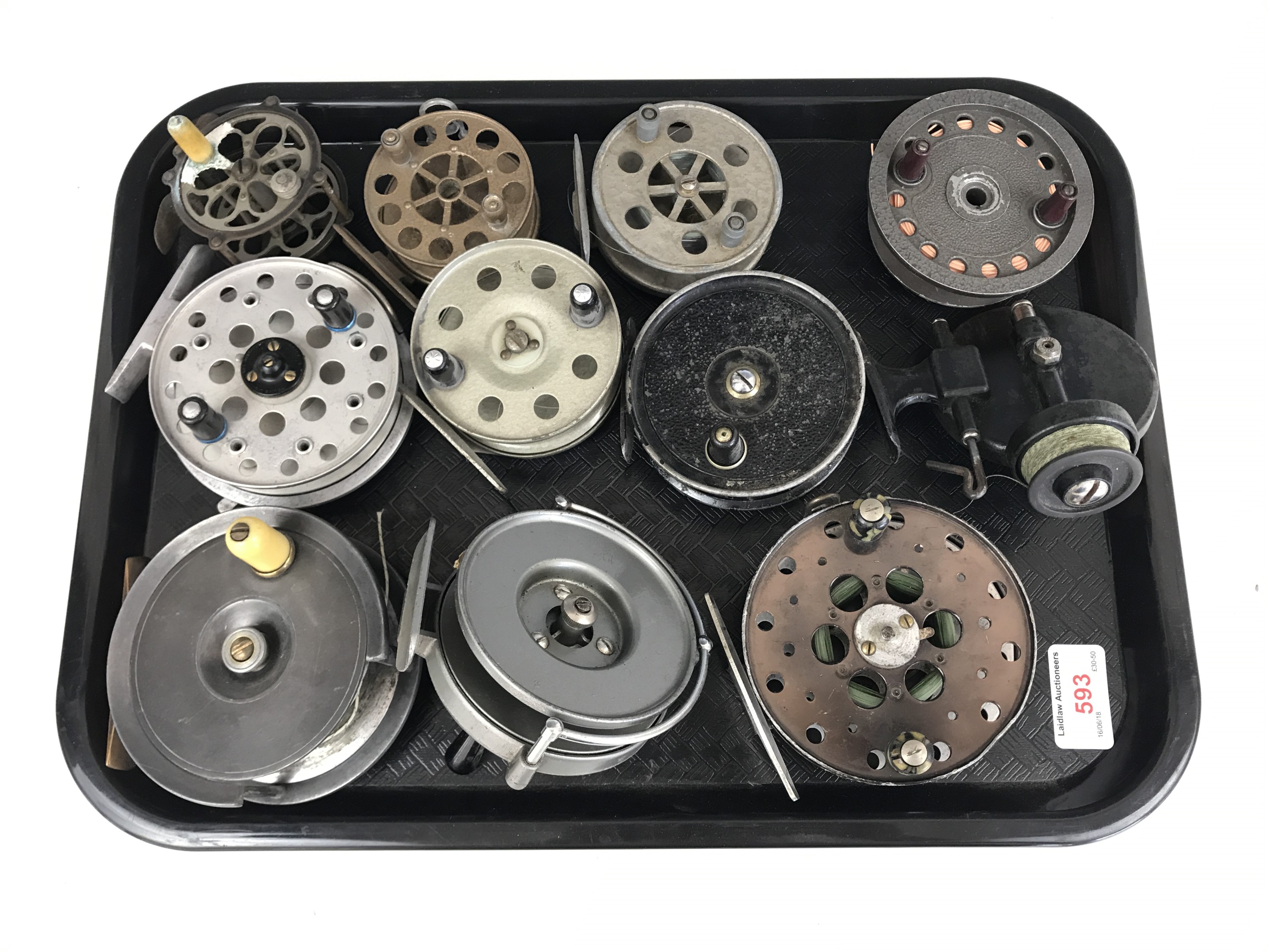 Nine vintage fly fishing reels and one spare spool including a Robertson of Glasgow The Struan, an