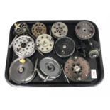 Nine vintage fly fishing reels and one spare spool including a Robertson of Glasgow The Struan, an