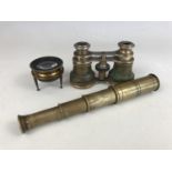 A three-draw brass telescope together with a pair of Victorian opera glasses by Thompson of