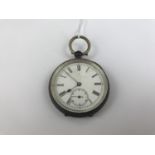 A silver cased open-faced pocket watch, having key-wound lever movement, white-enamelled face, Roman