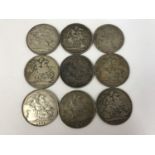 Eight Victorian-Edwardian silver Crown coins and a double Florin