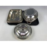 A pair of Walker and Hall electroplate tureens together with one other pair, and a muffin dish